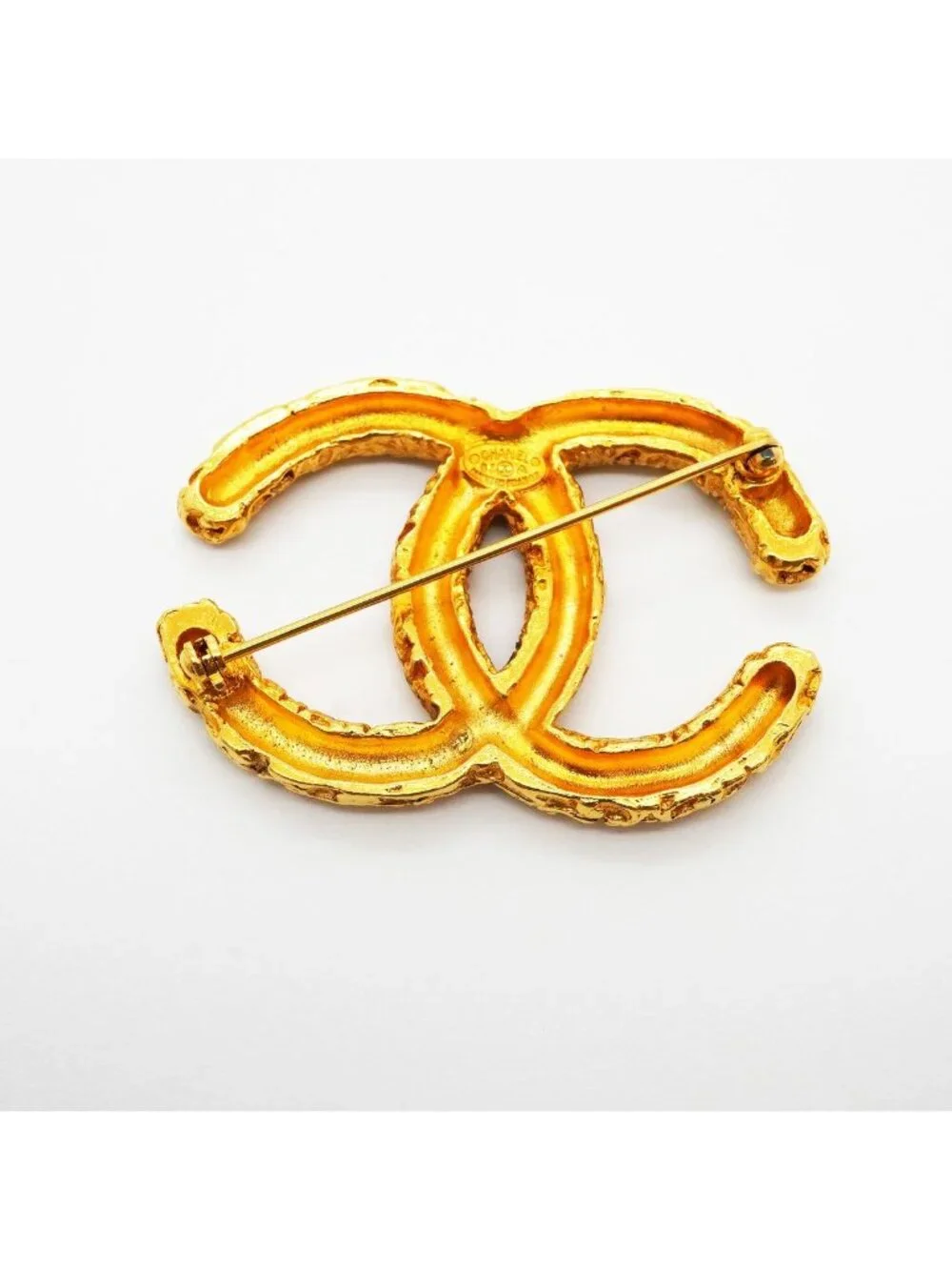 Chanel Brooch Vintage CC Logo Lava Motif Gold Plated
